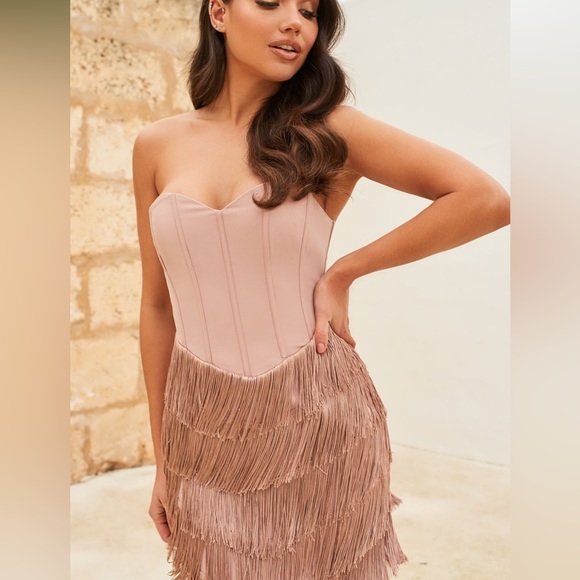 LAVISH ALICE: Satin Corset Midi Dress With Fringe
Skirt in Mink - Picture 3 of 9